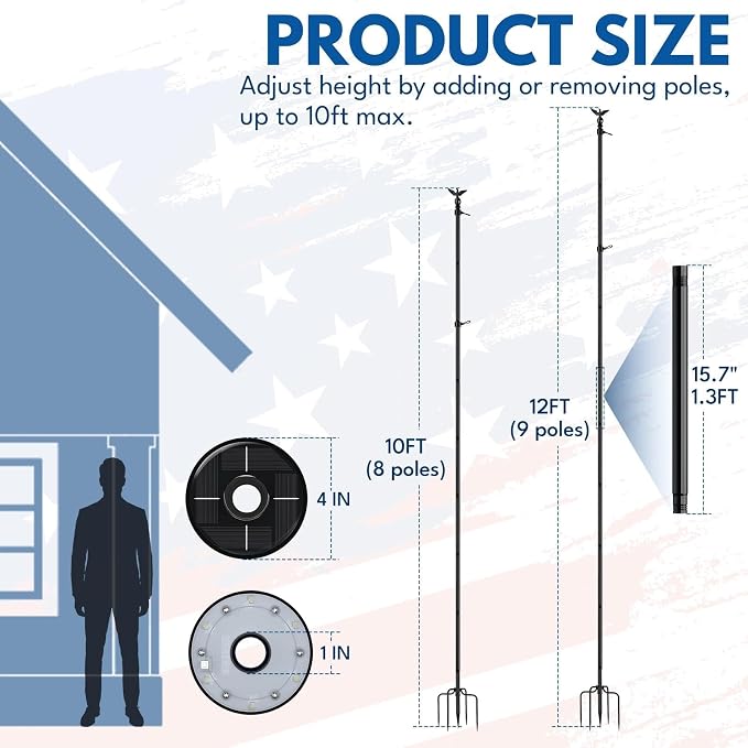 LETSTRY 12 FT In-Ground Flag Pole for Outside House with Solar Light, Heavy Duty Flagpole with Upgraded 5-Prong Base, Portable Mount Flapoles Kit for Yard, Garden Decor, Residential Commerical, Black