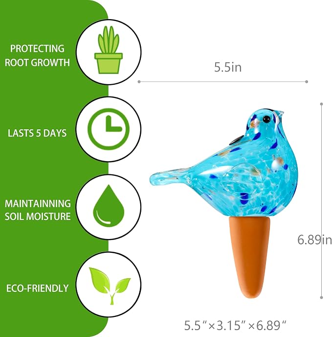 Plant Watering Globes, Bird Glass Self Watering Planter Insert - For Indoor & Outdoor Plants - Glass Plant Water Globes For Daily Use, Planter Spikes To Support Indoor & Outdoor Plant Health, Sky Bule