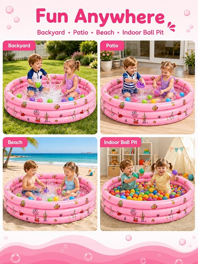 48"*12" Kiddie Pool for Toddler with Bubble Bottom, Pink | Inflatable Baby Pool with Drain Plug, Kids Pool for Summer Play, Flodable,Beach, Backyard, Indoor Ball Pit Play