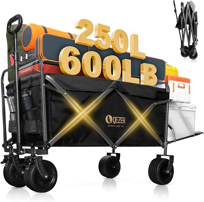 56" Large Collapsible Folding Wagon with Tailgate and Brake, 600LBS Heavy Duty Utility Cart, 250L Large All-Terrain Beach Wagon for Camping Garden Shopping Grocery Sports