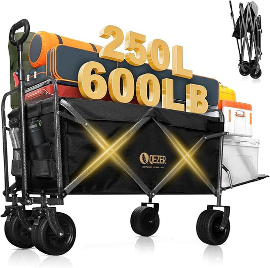 56" Large Collapsible Folding Wagon with Tailgate and Brake, 600LBS Heavy Duty Utility Cart, 250L Large All-Terrain Beach Wagon for Camping Garden Shopping Grocery Sports