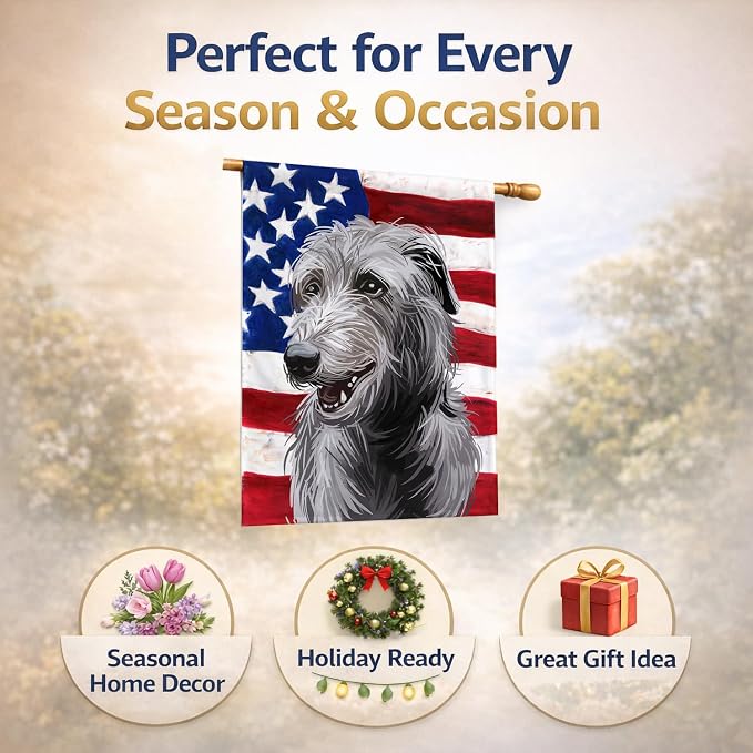 Caroline's Treasures CK6695CHF Scottish Deerhound Dog American Flag House Flag Large Porch Sleeve Pole Decorative Outside Yard Banner Artwork Wall Hanging, Polyester, House Size, Multicolor