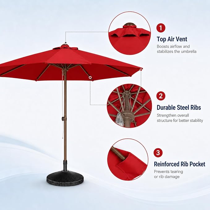 9FT Patio Umbrella, Outdoor Table Umbrella with Rope Pulley Lift, 3 Adjustable Heights, Market Umbrellas for Backyard, Pool and Deck, UPF50+