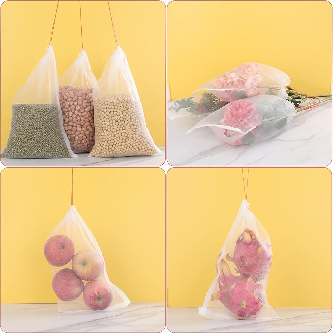 Kikhope Fruit Protection Bags, 50 Pcs 14"x10" Garden Netting Bags White | Fruit Netting Bags, Fruit Protection Netting Bags, Insect Bird Netting, Pest Barrier Bags, Garden Net with Drawstring
