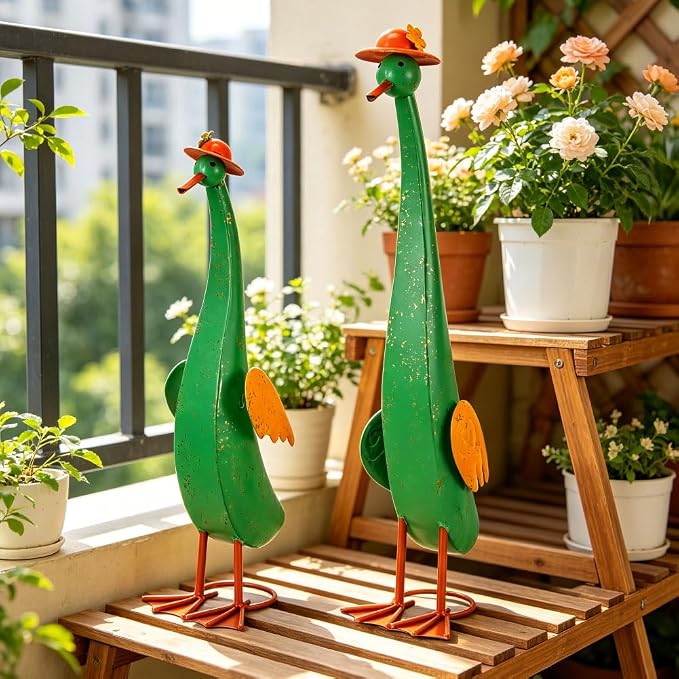 22" Duck Garden Statue Set of 2 Metal Ducks | Outdoor Yard Art Porch Animal Figurine Lawn Ornament Rustproof Yard Sculptures for Outside Patio Backyard Decorations