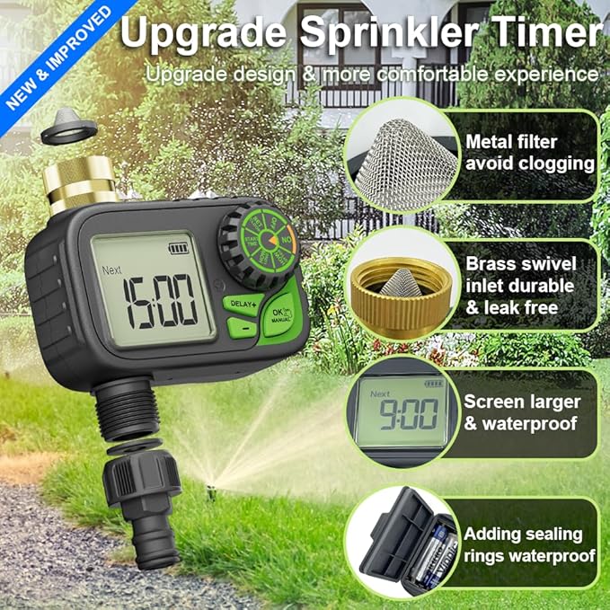 Sprinkler Timer, Programmable Digital Water Hose Irrigation Timer for Lawn | Manual Override,Automatic Watering, Outdoor Waterproof, Yard & Lawn Use with Rain Delay