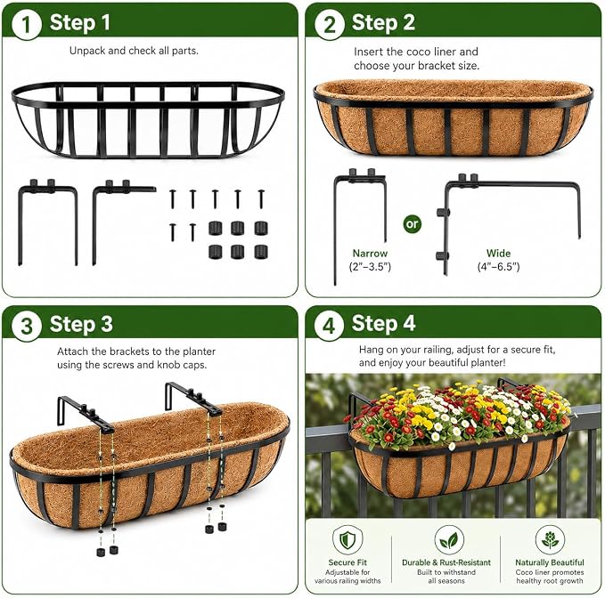Y&M Railing Planter Boxes 24 Inch 2 Pack, 2-in-1 Adjustable Hanging Balcony Planters with Coco Liners, Heavy Duty Window Box Planters with Support Rods for Outdoor Garden