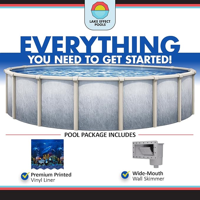 Lake Effect Pools 'Bermuda' 24 ft Round Above Ground Swimming Pool | 48 Inch Walls | 6" Steel Top Ledge | Bundle Includes: 25 Gauge Overlap Liner & Widemouth Skimmer