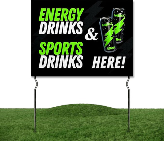 Energy Drinks & Sports Drinks Here! Yard Sign by DC | 24"x18" Double Sided Conv. Store Garden Sign with 13” Metal Stakes | Outdoor Signs Waterproof for Lawn, Patio, Sidewalk & House | Set of 1