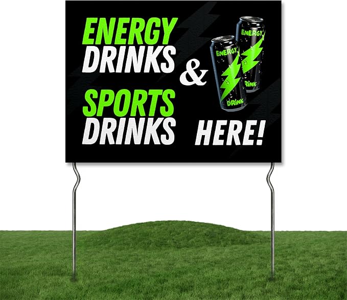Energy Drinks & Sports Drinks Here! Yard Sign by DC | 24"x18" Double Sided Conv. Store Garden Sign with 13” Metal Stakes | Outdoor Signs Waterproof for Lawn, Patio, Sidewalk & House | Set of 3