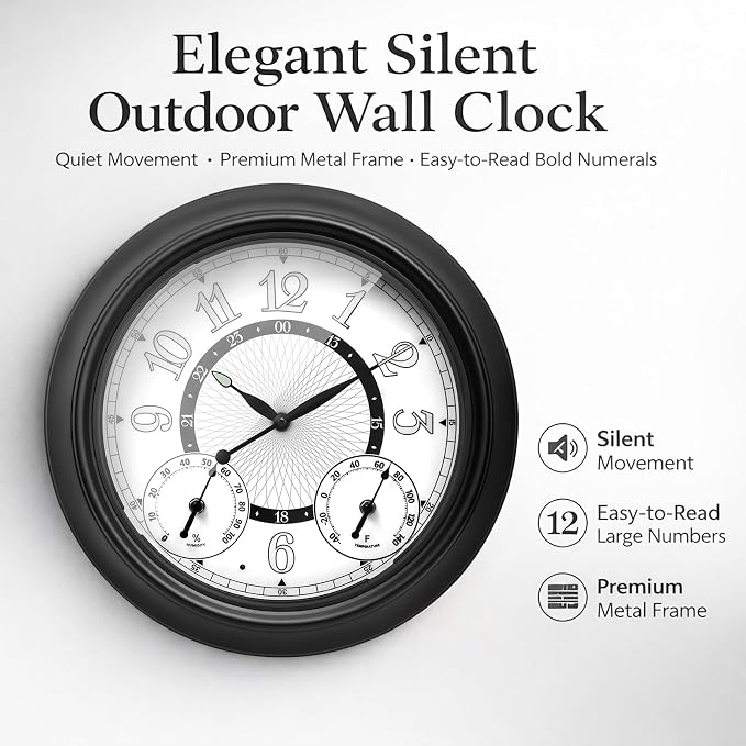 Pytha Sight Illuminated Large Metal Outdoor Clocks Waterproof 18 Inches With AI Auto Light Smart Sensor,Extra Big Indoor Outdoor Wall Clocks With Thermometer & Hygrometer for Patio, Pool, Garden,Porch