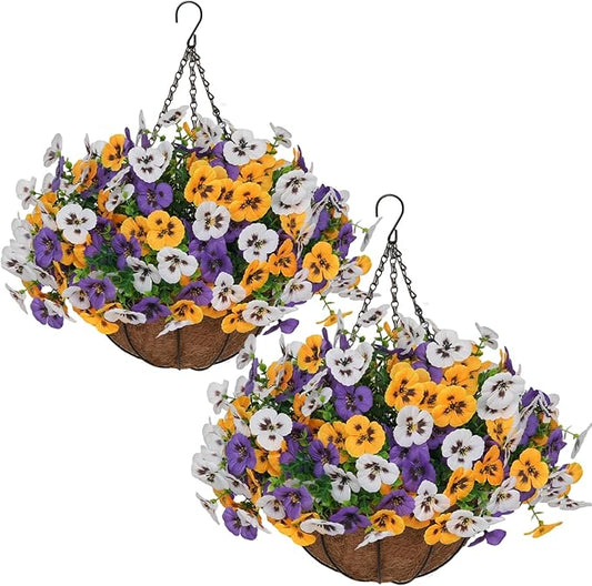 2 Set Artificial Hanging Flowers with Basket for Outdoor Decor, 24 Pcs Silk Pansy Fake Plants for Garden Porch Patio Balcony Yard Home Decoration