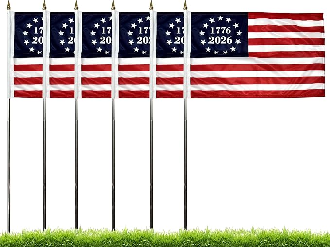 1776 2026 Small American Flag 12x18 Inch on Stick for Outside Yard and Garden, 6 Pack Betsy Ross US Hand Held Flags for 250th Anniversary July 4th Decorations