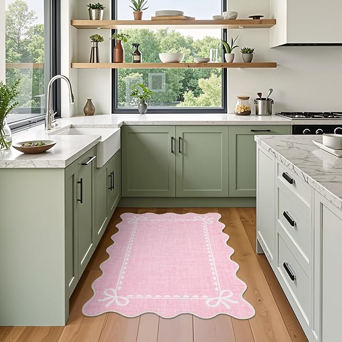 GarveeHome Scalloped Entryway Rug 2x3 Washable Front Door Bow Rug, Pink | Non Slip Soft Low Pile Ultra-Thin Stain Resistant Indoor Carpet for Girls Dorm Nursery Bedroom Decor Hallway Kitchen Floor