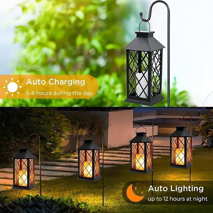 Yowin Solar Lanterns Outdoor Waterproof 14" Large Tempered Glass Solar Hanging Lantern for Outside with Flickering Candle, Mother's Gift Ideas, Wall Lamps for Garden Patio Vintage Decorations - Black
