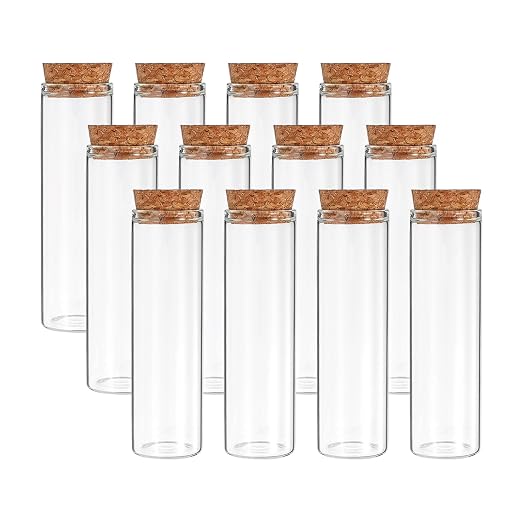 PATIKIL 50ml Test Tubes, 12pcs 3.94x1.18 Glass Clear Flat Bottom Test Tube Containers with Cork Stopper for Bead Party Candy Bath Salt Storage Scientific Experiment Plant Propagation