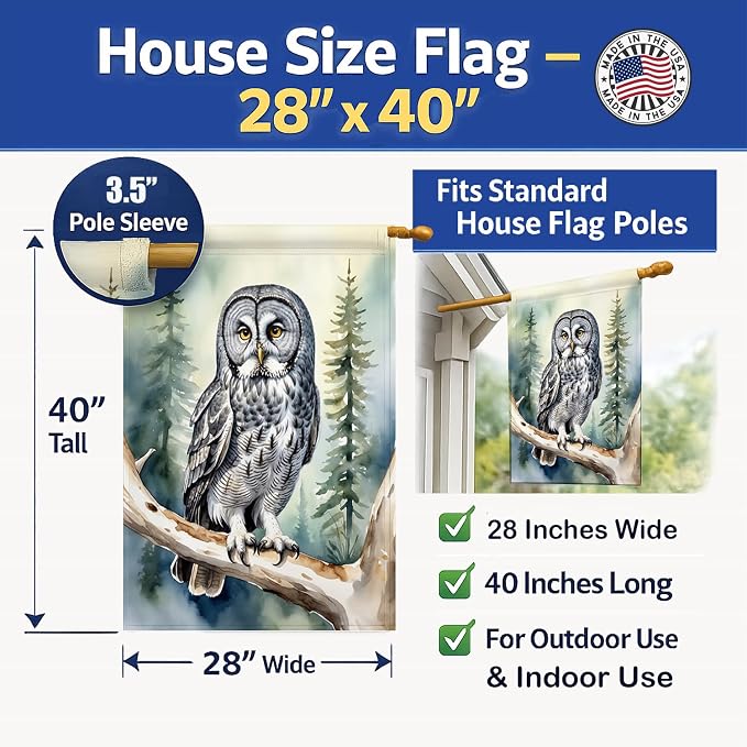 Caroline's Treasures Great Gray Owl House Flag Large Porch Sleeve Pole Decorative Outside Yard Banner Artwork Wall Hanging, Polyester, House Size, Multicolor