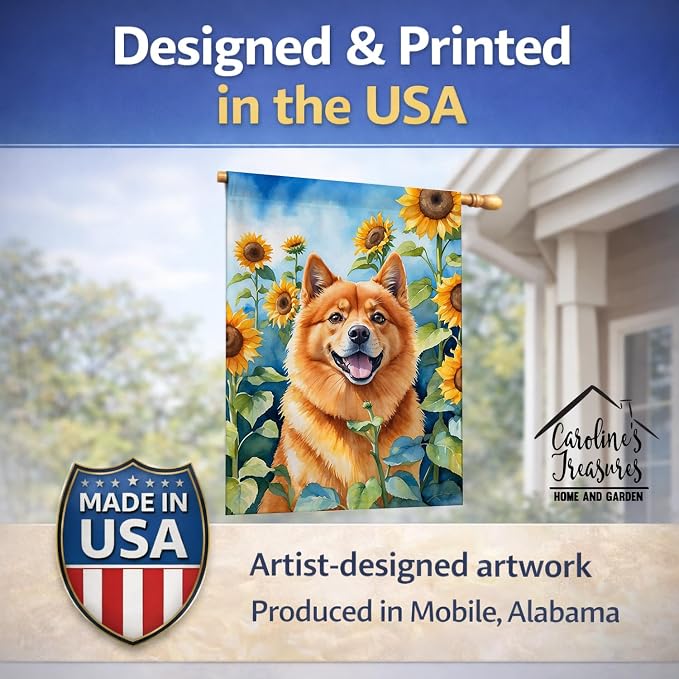 Caroline's Treasures DAC6077CHF Finnish Spitz in Sunflowers House Flag Large Porch Sleeve Pole Decorative Outside Yard Banner Artwork Wall Hanging, Polyester, House Size, Multicolor