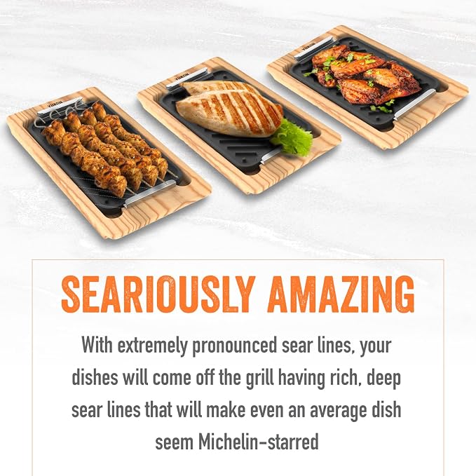 Yukon Glory Cast Iron Grill Pan Set | 2 Grooved Cast Iron Pans, Wooden Serving Trays & Clip-On Handle | Grill to Table | Gas, Charcoal & Campfire