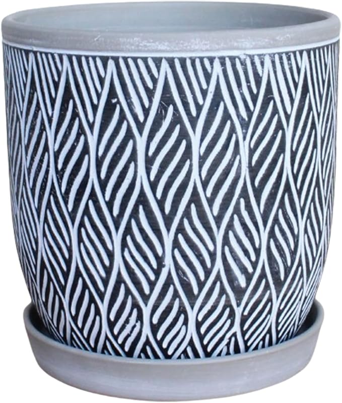 Aspen & Fig Black & White 12 Inch Indoor Ceramic Plant Pot with an Attached Saucer for House Plants, Herbs, Flowers, Succulent Plants, Snake Plants, Gifts for Mom