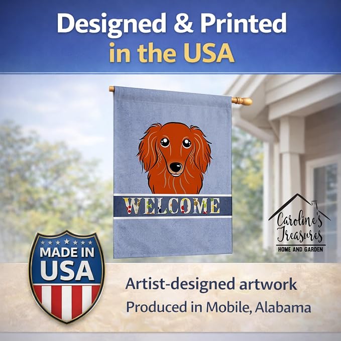 Caroline's Treasures BB1400CHF Longhair Red Dachshund Welcome House Flag, Blue Large Porch Sleeve Pole Decorative Outside Yard Banner Artwork Wall Hanging, Polyester, House Size, Multicolor