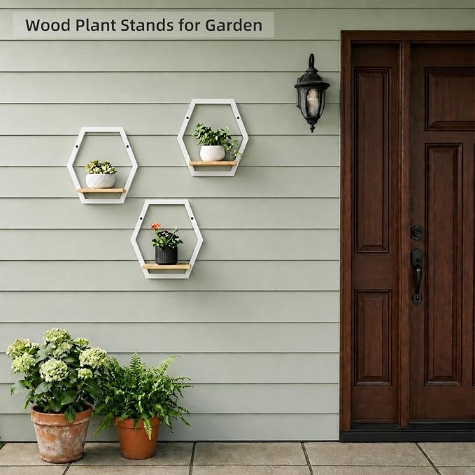 3 Pack Solid Wood & Heavy Duty Metal Wall Plant Stands,9 inch Natural Wood Shelf, Boho Arch Hanging Planter for Indoor 25 LB Load for Plants White