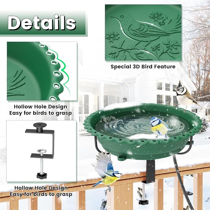 Heated Bird Bath for Outdoors, Upgraded 100W Thermostatically Controlled Heated Bird Baths for Deck Railing Large Capacity Heated Birdbath for Outside Winter Garden Yard Patio Lawn (Green)
