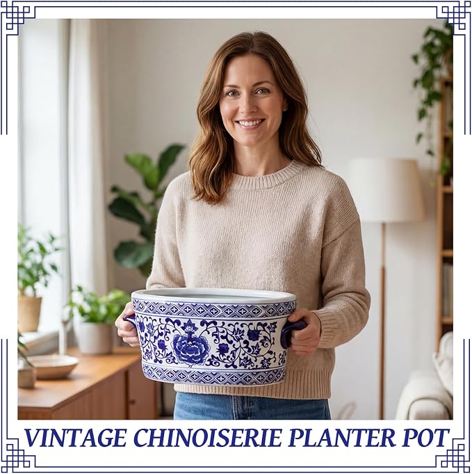 LemonRoad Blue and White Ceramic Planter Pot 14 x 7.7 x 6.1 inches Porcelain Vintage Floral Oval Cachepot Vase Chinoiserie Decor for Indoor Plants Flowers Succulents Home Living Room (Classic Style)