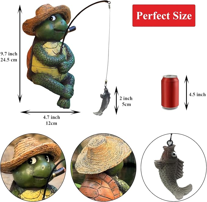 Turtle Decoration for Yard Outdoor Garden Decor 9.7 Inch Tall Fishing Turtle Statue for Koi Pond, Waterfalls or Poolside Ornaments, Fisher Animals Pond Decor, Gift for Mom & Women