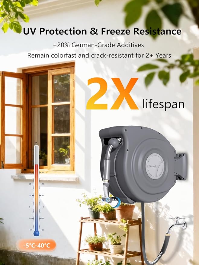 Retractable Garden Hose Reel 1/2 in x 100 ft Heavy Duty Automatic Water Hose Reel with 10-Function Sprayer Nozzle Kink-Free Auto Rewind Any-Length Lock 180° Swivel UV Resistant - Dark Gray