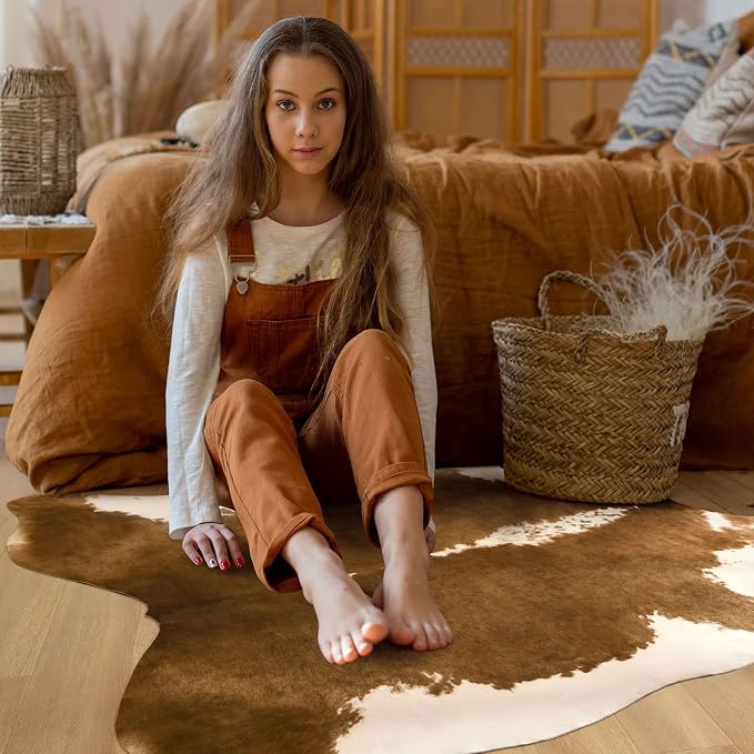 BENRON Small Faux Cowhide Rug, Cow Print Rug for Kitchen Hallyway 2.9X 3.9 | Western cow hide rug for Home Decor, Washable Rugs with Irregular Animal Skins and Hides, Non Slip, Khaki Brown