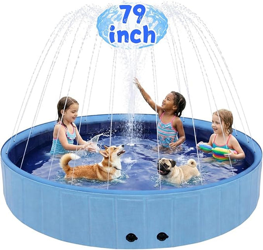 Eooqi Foldable Dog Pool with Sprinkler, Extra Large Thickened Splash Pool | 2-in-1 Outdoor Summer Water Play Toy, Non-Slip Hard-Side Kiddie Pool for Backyard Dogs, Kids & Pets (Blue, 79"-4XL)