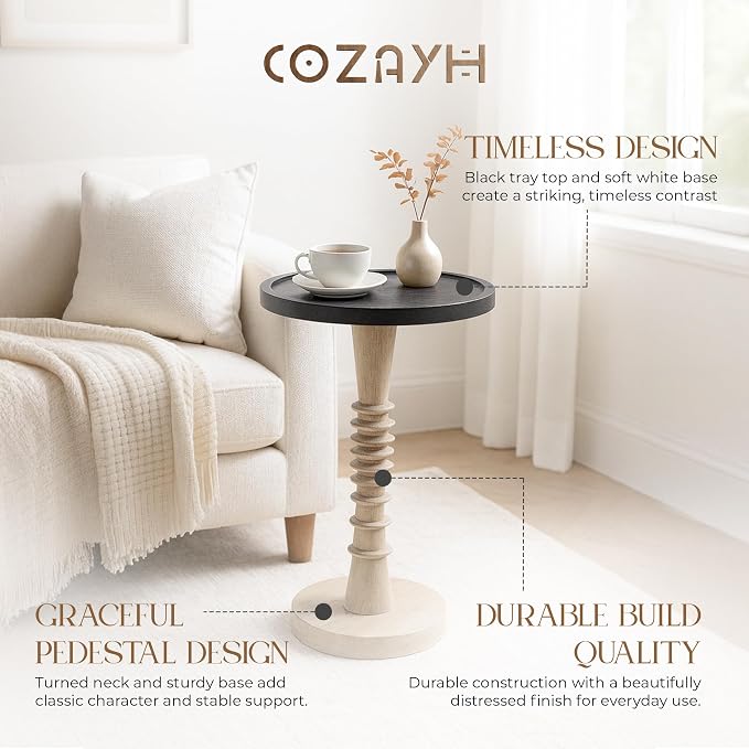 COZAYH Pedestal Small Drinking Table, Farmhouse Tray Top End Table, Distressed Finish, Black Top on Aging White Frame