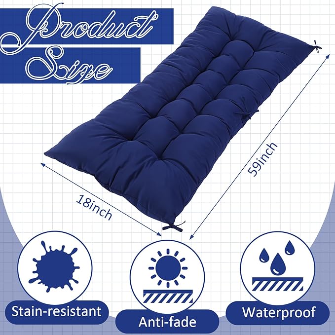 Wenqik Outdoor Bench Cushion 59 x 18 x 5 Inch Waterproof Patio Swing Cushion with Removable Zippered Cover Adjustable Ties Seat Pad for Porch Bench Garden Loveseat(Navy Blue,Grid Pattern)