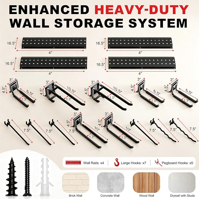 Garage Tool Organizer Wall Mount 66 inches with 13 Adjustable Heavy-Duty Hooks, Garage Organization, Garden Tool Storage Rack, Yard, and Shed, Holds Up to 520 lbs