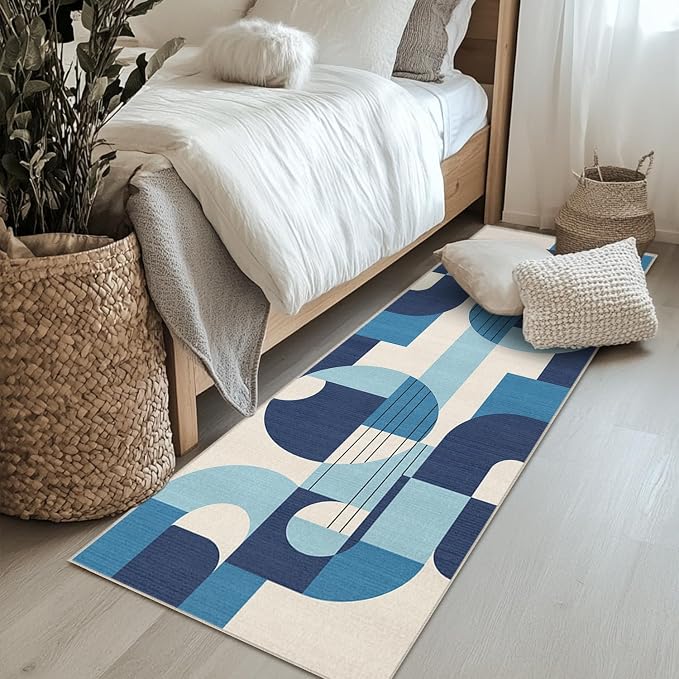 2x6 Blue and White Geometric Runner Rug for Kitchen Entryway Hallway Abstract Modern Area Rug Machine Washable Non-Slip Carpet for Bedroom Bathroom Bedside
