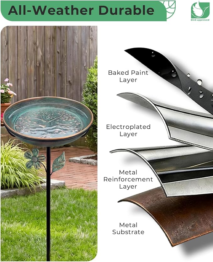 Metal Bird Bath for Outside 12" Tree of Life Birdbath Bowl with Stake | Adjustable Height Vintage Outdoor Bird Bath | Rust Resistant Easy to Clean for Garden Yard Lawn Decor Decor, Green