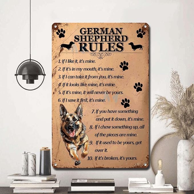 Metal Sign Tin Sign Vintage Wall Art German Shepherd Rules Gardening Poster for Club 8×12 Inches