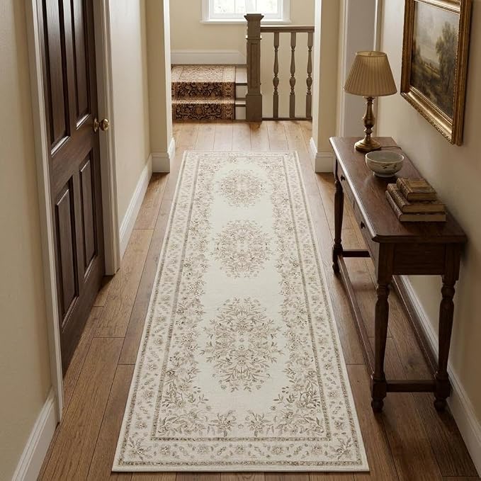 GarveeHome 2x8 Runner Rug for Kitchen Leaf and Flower Throw Rug for Laundry | Machine Washable Vintage Distressed Floral Long Runners Non-Slip Low Pile Beige Area Rug for Hallway Bathroom Porch