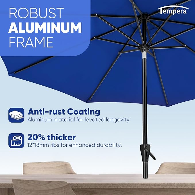 Tempera Patio Market Outdoor Table Umbrella with Auto Tilt and Crank, Large Sun Umbrella with Sturdy Pole & Fade Resistant Canopy, Easy to Set