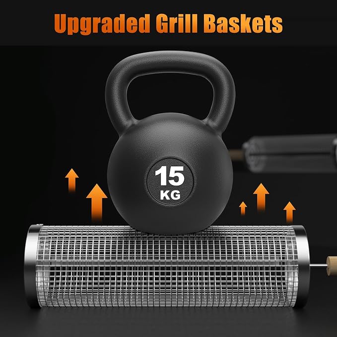 Rolling Grilling Baskets for Outdoor Grill, 2 Pcs BBQ Grill Basket, Stainless Steel Barbeque Grill accessories set, Camping Picnic Cooking Tools for Vegetable/Shrimp/Chicken, Gifts for Men Dad Husband