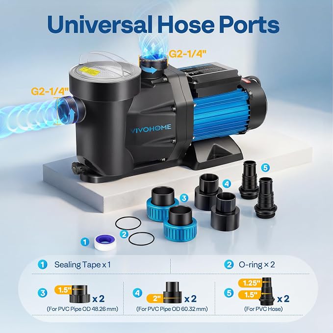 VIVOHOME Self Primming in/Above Ground Swimming Pool Pump w 1.25'' & 1.5" & 2.0'' Unions Energy Saving w/Strainer Baske, 6361 GPH