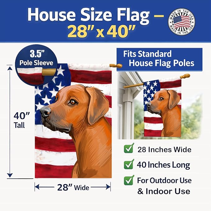 Caroline's Treasures CK6676CHF Rhodesian Ridgeback Dog American Flag House Flag Large Porch Sleeve Pole Decorative Outside Yard Banner Artwork Wall Hanging, Polyester, House Size, Multicolor