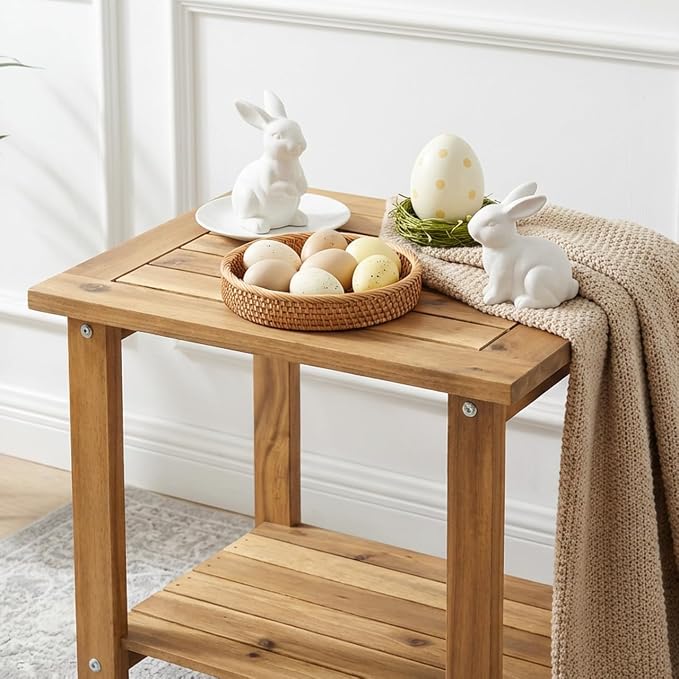 VICTORY RELAX Solid Acacia Wood Side Table with 2-Tier Storage, Weather-Resistant Outdoor Indoor End Table, Light Natural Rustic Color Night Stand