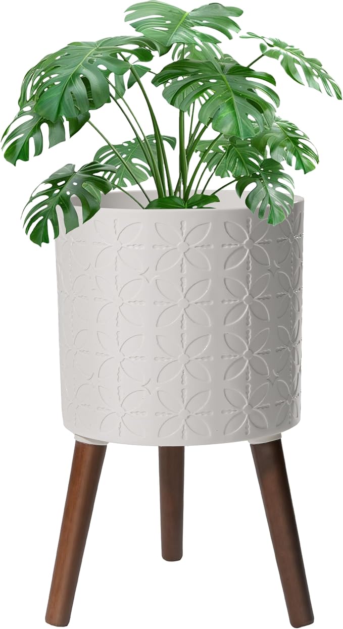 10 Inch Planters Pot with Stand, Planter for Indoor Plants, Modern Large Flower Planter Pot with Drainage Holes for Outdoor,Matte White