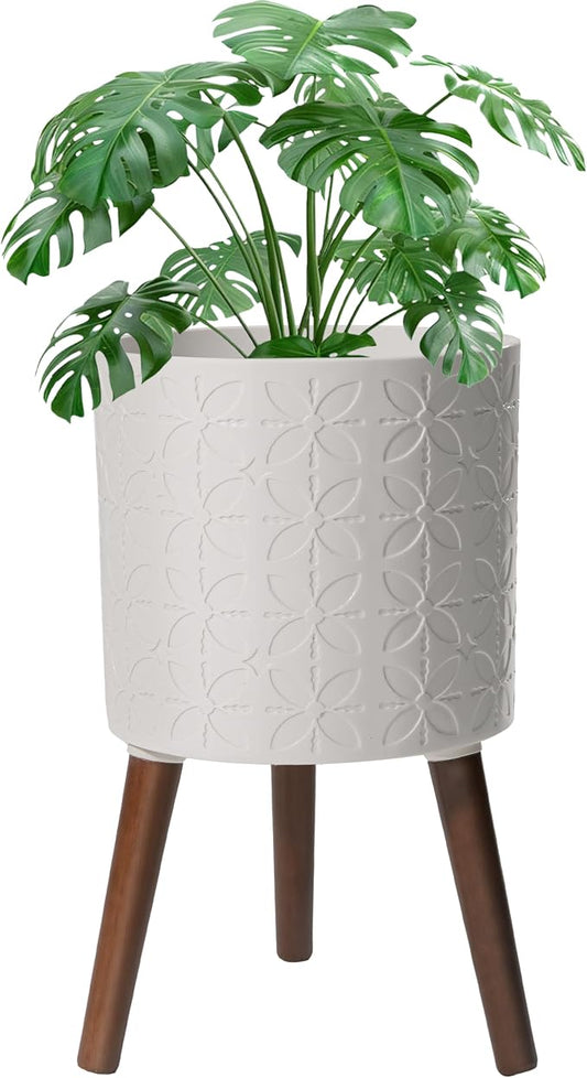 10 Inch Planters Pot with Stand, Planter for Indoor Plants, Modern Large Flower Planter Pot with Drainage Holes for Outdoor,Matte White
