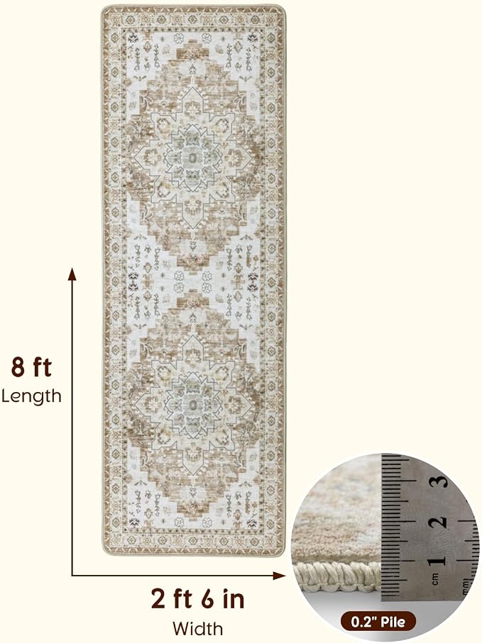 LBRO2M Machine Washable Rug Soft Pet Friendly Carpet 2'6" x 8' Cream | Persian Runner Rug 2'6"X8' for HallWay, Bedroom, Kitchen, Laundry Room, Non Slip Carpet, Foldable Stain Resistant Rugs