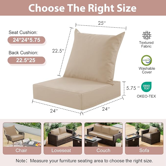 Outdoor Deep Seat Cushion Set, 24x24 Inch Water-Resistant & Fade-Resistant Outdoor Chair Cushions, Patio Furniture Cushions with Removable Cover for Patio Chair, Sofa, Beige (Set of 6)