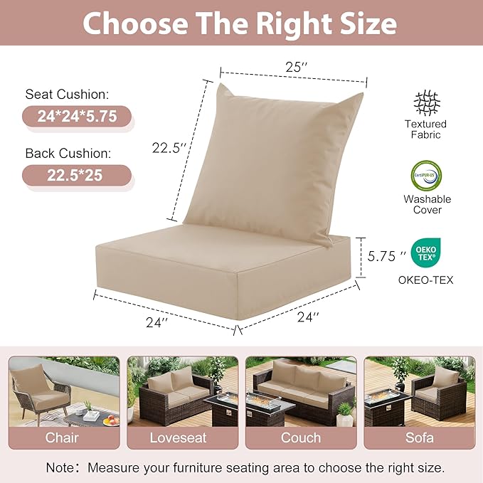 Outdoor Deep Seat Cushion Set, 24x24 Inch Water-Resistant & Fade-Resistant Outdoor Chair Cushions, Patio Furniture Cushions with Removable Cover for Patio Chair, Sofa, Beige (Set of 2)
