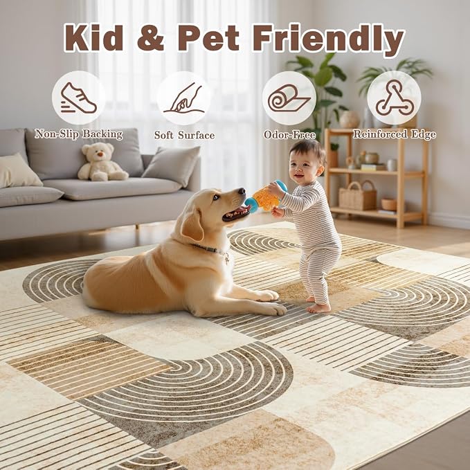 Washable Area Rugs for Bedroom Living Room 4x6 ft, Non-Slip Modern Rug | Stain Resistant, Low Pile, Soft Carpet Indoor Floor Boho Carpet for Kitchen Front Door Entrance Office Kids Room, Beige